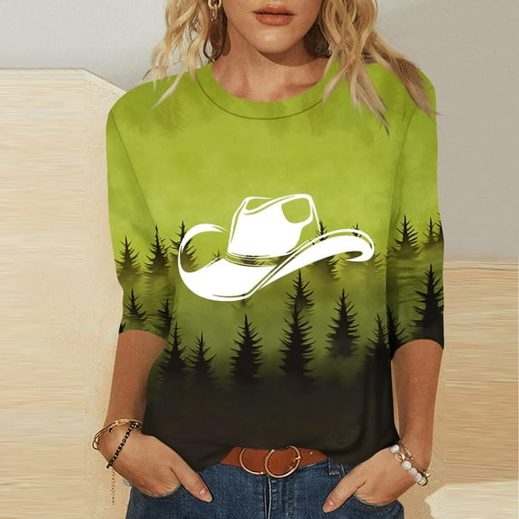 Elvqul Plus Size Blouses Women Print Tops Crew Neck Western Cowboy Mint Green Pullover 3/4 Sleeve Fashion Tshirts Blouses