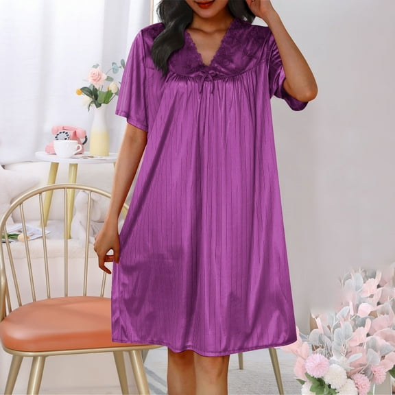 Elvqul Plus Size Nightgowns for Women Silky Plain Nightdress Red V-Neck Comfortable Short Sleeve