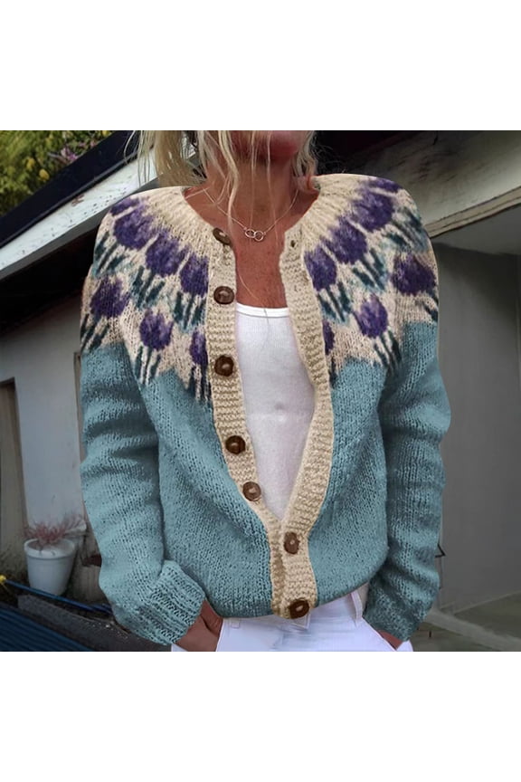 Plus Size Sweaters for Women Knit Blue Cardigan Printed Button Down Crewneck Womens Sweater Tops Casual
