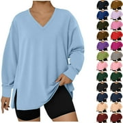 ELVQUL Womens Loose Sweatshirts Pullovers Winter Fashion Plus Size Long Sleeve V Neck Tops for Ladies Oversized