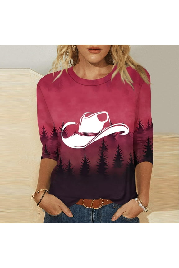 Plus Size Tops Women Crew Neck Print Tshirts Red Pullover Casual Western Cowboy Blouses 3/4 Sleeve Tops