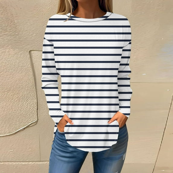 Elvqul Plus Size Tops Women Long Sleeve Navy Women's T Shirts Casual Crew Neck Loose Striped Print Tops