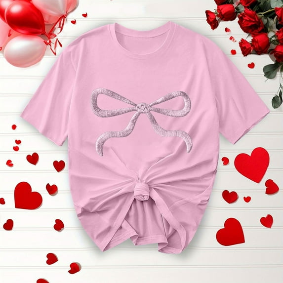 Elvqul Plus Size Tops Women Pink Loose Fit Bow Print Blouses Short Sleeve Casual Crew Neck Pullover Cotton Tshirts Tops