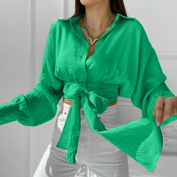 Elvqul Plus Size Womens Shirts Collared Button down Tops for Women Summer Solid Long Sleeve Green Crop Shirt