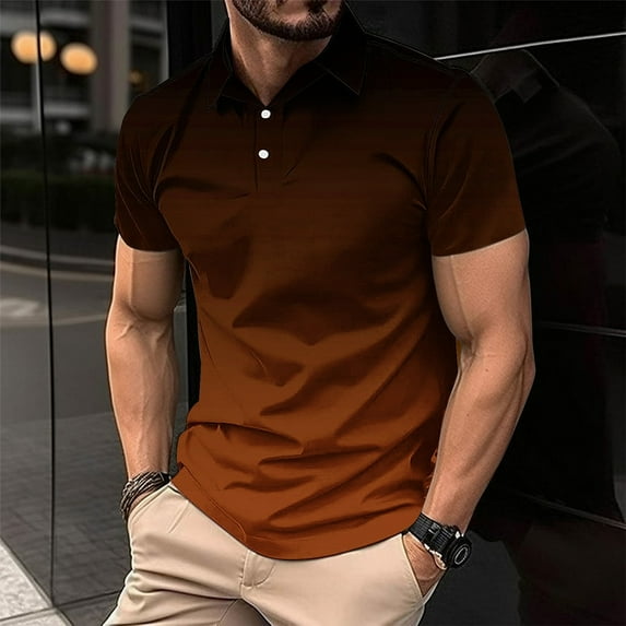 Vetsdori Polo Shirts for Men Gradient Print Button up Pull-On Short Sleeve Collared Casual Orange V-Neck Mens T-Shirts