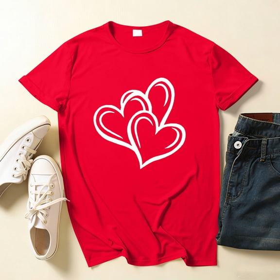 Elvqul Print Shirts for Women Valentines Heart Tops Plus Size Fashion Spring Black Short Sleeve Tees Blouse Pullover