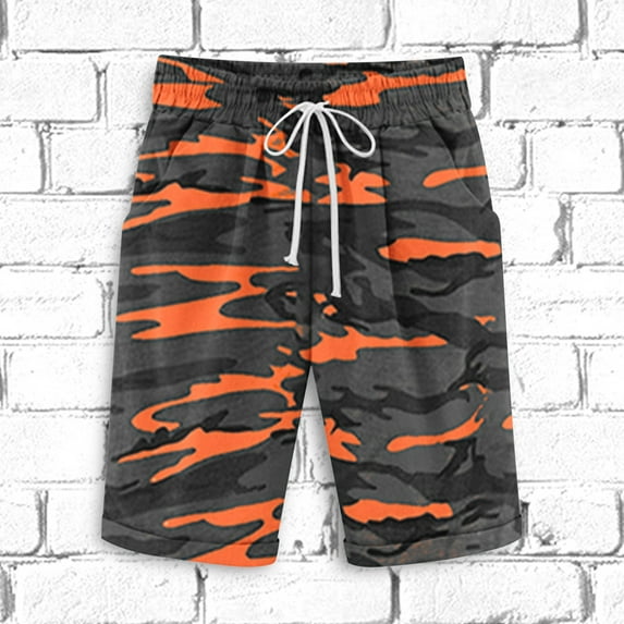 Elvqul Print Shorts Men Cotton Linen Orange Clearance Shorts