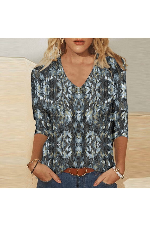 Pullover Blouses for Women 3/4 Sleeve Shirts V Neck Cold Weather Going Out Womens Blouses Floral