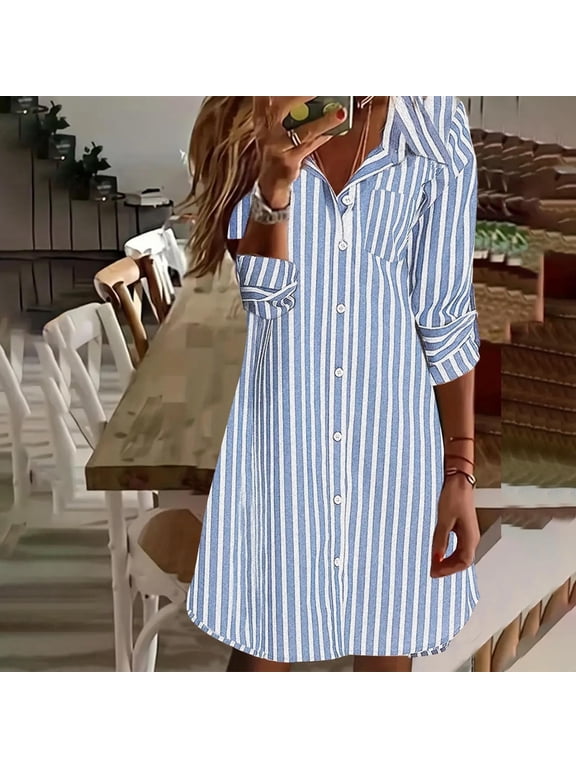 Pullover Dresses for Women Long Sleeve Dresses Collared Striped Mini Casual Womens Dresses