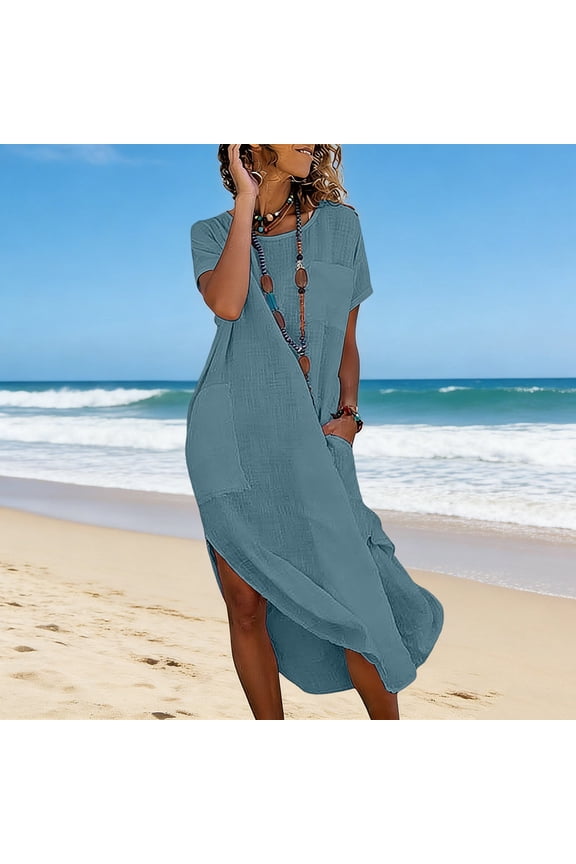 Pullover Dresses for Women Short Sleeve Midi Dresses Crew Neck Summer Solid Side Split Beach Womens Tank Dresses