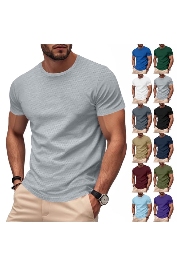 Pullover Shirts for Men Short Sleeve Tee Gray Stretch Solid Round Neck Quick Dry Summer Mens Tops