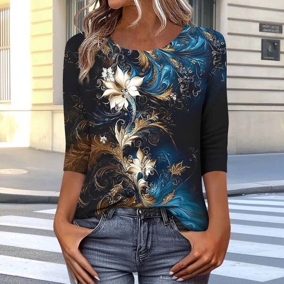 Elvqul Pullover Tops for Women Crew Neck 3/4 Sleeve Shirts Summer Fall Tunic Loose Fit Plus Size Juniors Blouses Floral