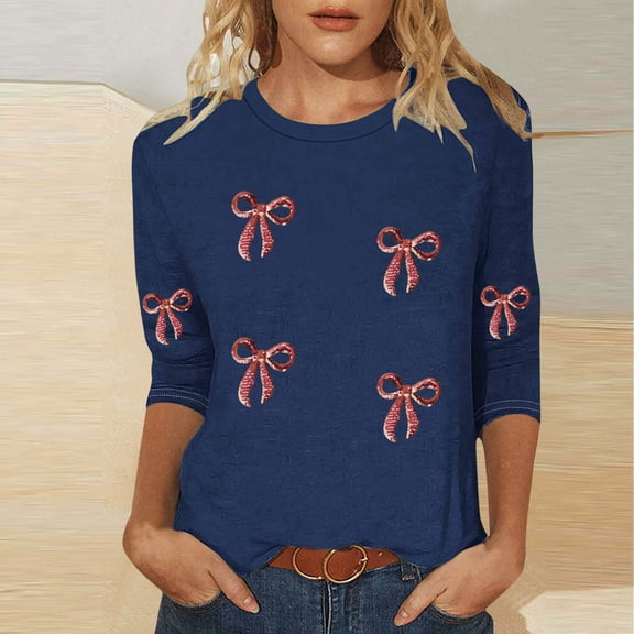 Elvqul Pullover Tops for Women Lightweight Shirts 3/4 Sleeve Printed Winter Crewneck Womens Tops