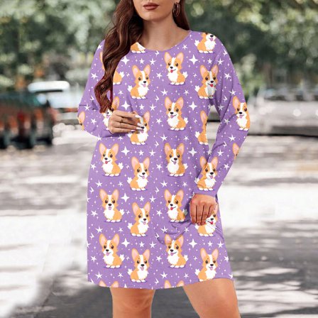 Elvqul Purple Nightgowns for Women Crew Neck Long Sleeve Sleepwear Home Comfortable Under $10 Print Oversized Night Dress Nightgowns