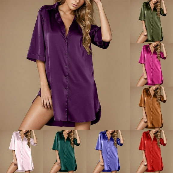 Elvqul Purple Womens Nightgowns Comfy Solid Oversized Silk Pajamas Sleeveless Satin Sleepwear Soft Nightgowns