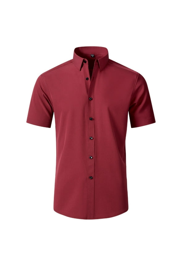 Red Shirts for Men Short Sleeve Button up Solid Work T-Shirts Turndown Collar Comfortable Shirts