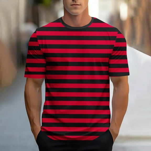Vetsdori Red Shirts for Men Short Sleeve Summer Pull On Striped Crew Neck Stylish Slim Fit Athlete Mens T-Shirts Casual