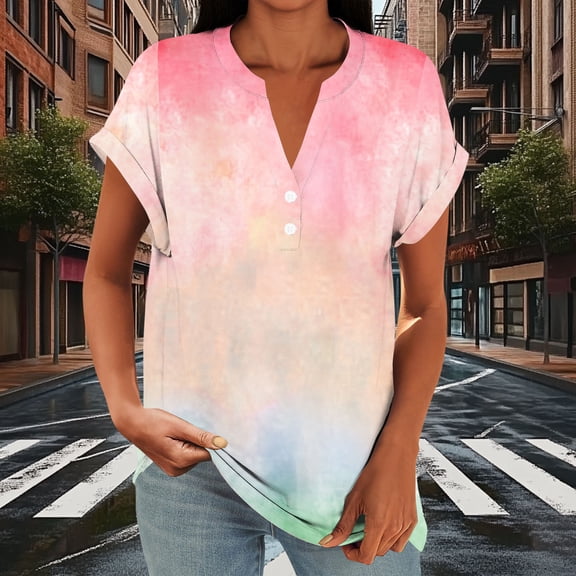 Elvqul Red Tops for Women V Neck Blouses Buttons Spring Summer Plus Size Short Sleeve Juniors Shirts Color Block