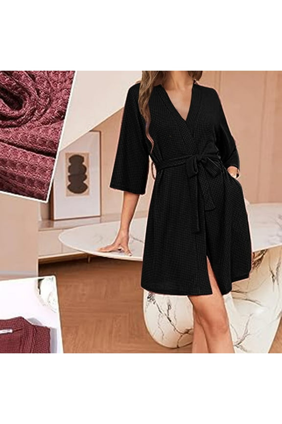 Robe Women Women's Waffle Robe Black Casual Short Sleepwear Robe