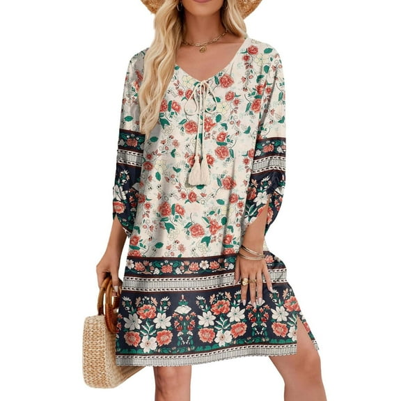 Elvqul Round Neck Dresses for Women Graphic Casual Dress Midi Beige Summer 3/4 Sleeve Daily Dresses