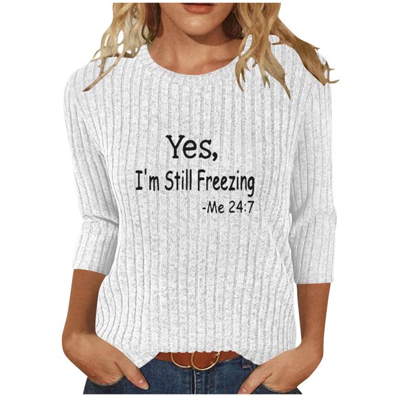 Elvqul Round Neck Shirts for Women Waist Cinching Daily Tops 3/4 Sleeve Fashion Womens Shirts