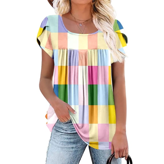 Elvqul Round Neck Tunic Tops for Women Pleated Summer Fall Blouses Bohemian Dressy Casual 3/4 Sleeve Pullover Juniors T-Shirt