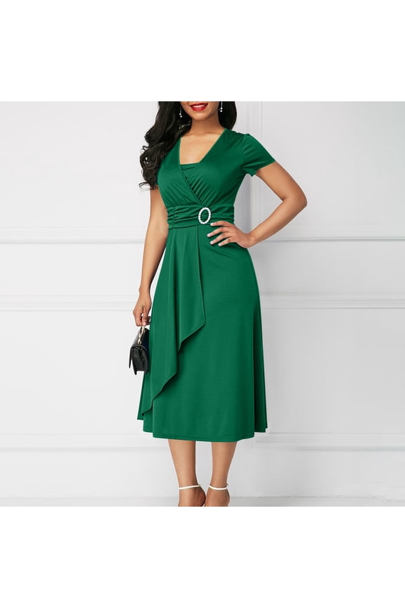 Ruffle Dresses for Women Summer Short Sleeve Max Gown V Neck Solid Red Plus Size Girlfriends Evening Dress