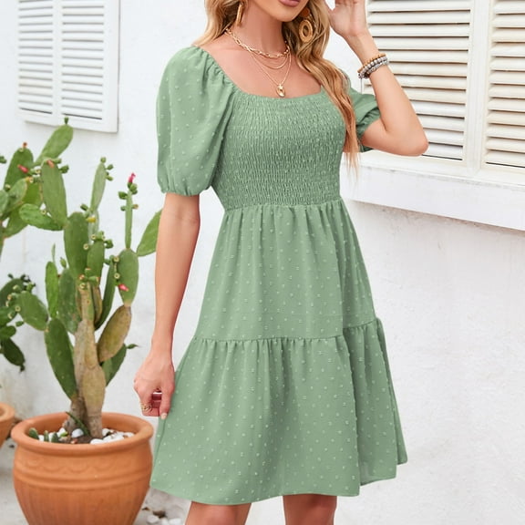 Elvqul Ruffled Dresses Women Silk Short Sleeve Green Plain Ladies Square Neck Midi Dresses