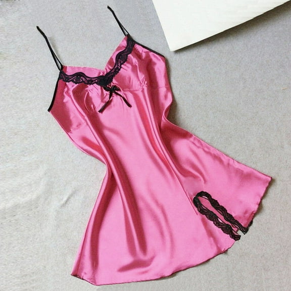 Elvqul Satin Nightgowns for Women Short Soft Pajamas Casual Comfortable Hot Pink Sleeveless Juniors Sleepwear Solid Color