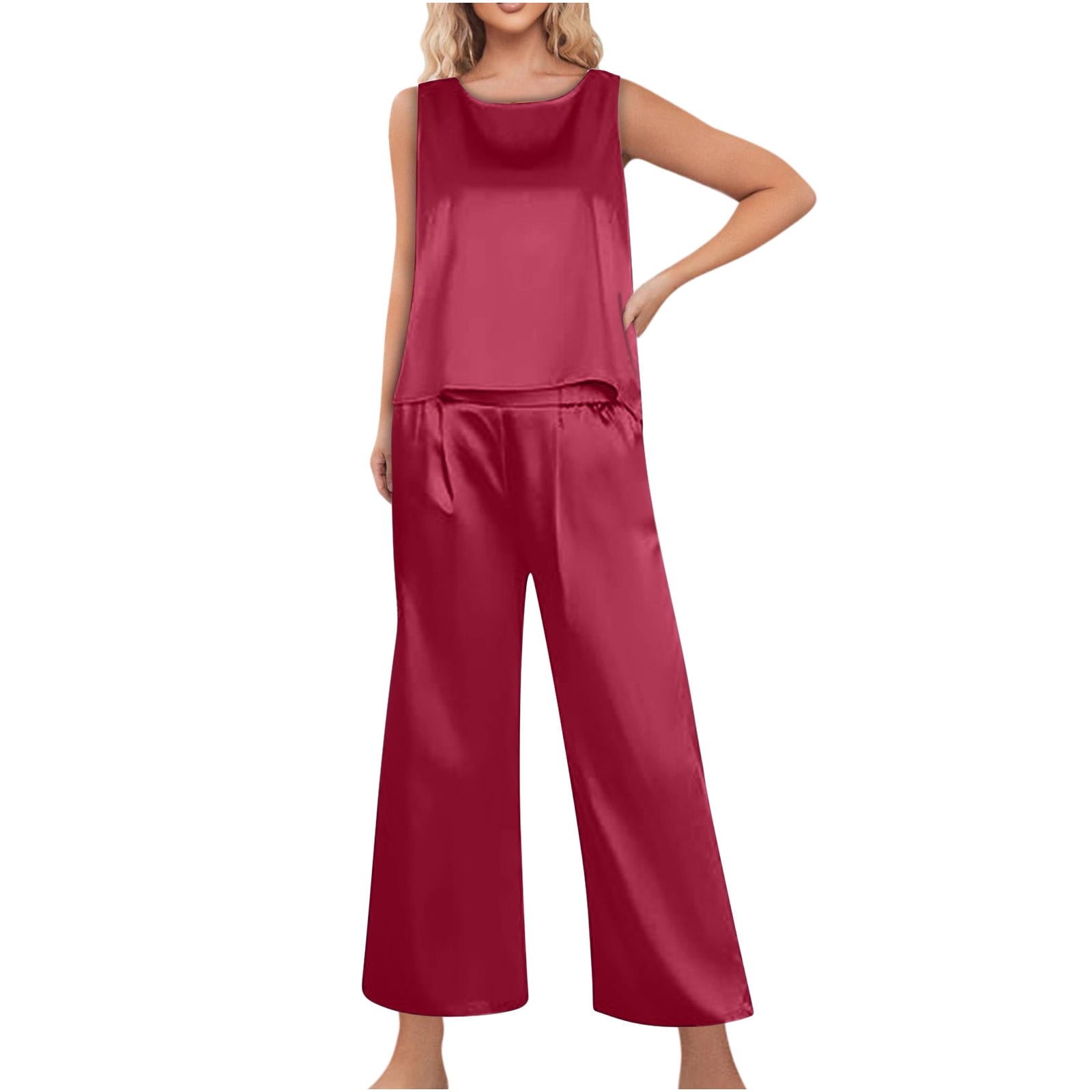 Elvqul Satin Pajamas for Women Clearance 2PC Silk Tops and Pants Casual
