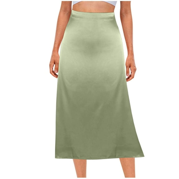 Elvqul Satin Skirts Women Ladies Army Green Plain Silk Midi Skirts