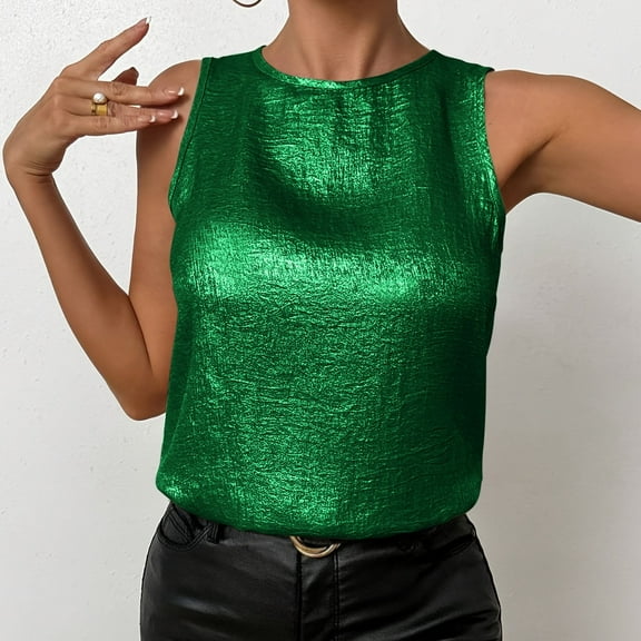 Elvqul Sequin Tank Tops Women Plain Green Pullover Sleeveless Plus Size Casual Crew Neck Tops