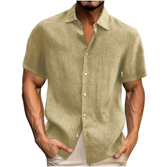 Elvqul Shirts Men Solid Short Sleeve Collared Button up Cotton Linen Casual Breathable Lightweight Loose Khaki Shirts