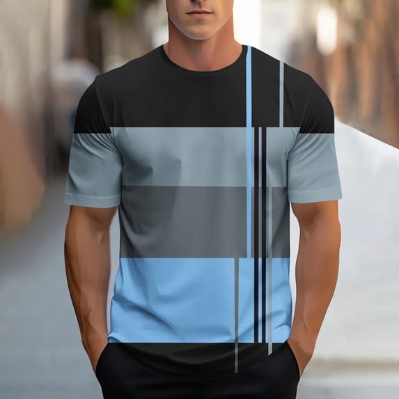 Elvqul Shirts for Men Athletic Big and Tall Workout T-Shirts Printed Casual Pullover Light Blue Short Sleeve Crew Neck Mens Shirts Daily
