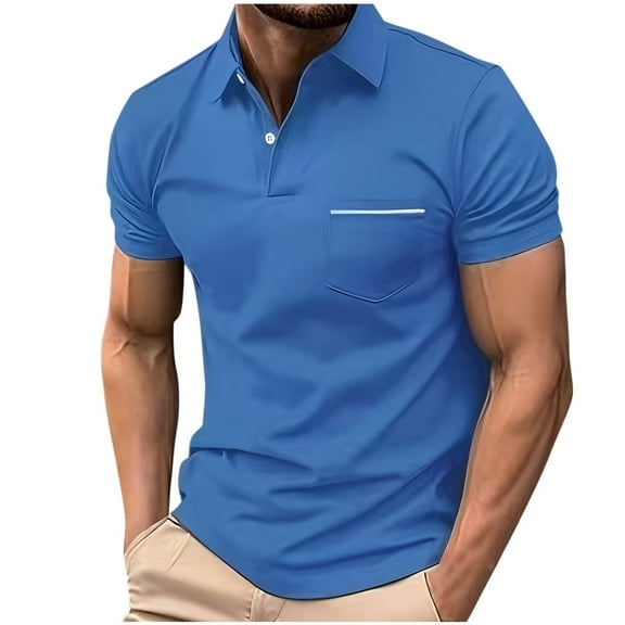 Elvqul Shirts for Men Blue Plain Holiday Big and Tall T-Shirts Polo Collared Short Sleeve Polo Shirts