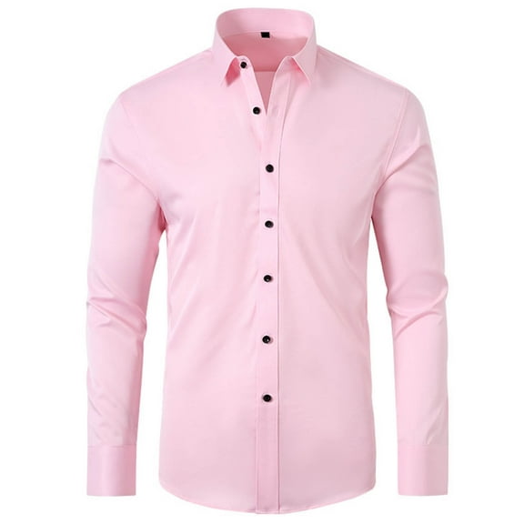 Elvqul Shirts for Men Long Sleeve Cotton Collared Solid Pink Mens Tops Button up Shirts