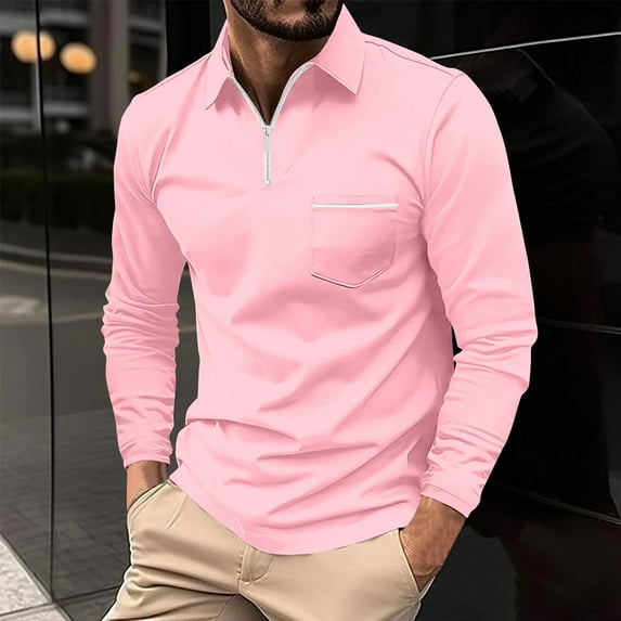 Elvqul Shirts for Men Long Sleeve Solid Mens Tops Pullover Pink Collared Polo Shirts