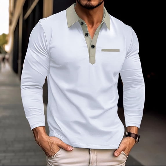 Elvqul Shirts for Men Long Sleeve White Solid Pullover Mens Tops Collared Polo Shirts