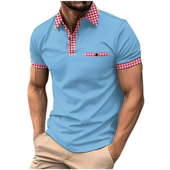Elvqul Shirts for Men Plaid Polo T-Shirts Collared Short Sleeve Holiday Big and Tall Sky Blue Polo Shirts