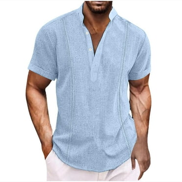 Elvqul Shirts for Men V-Neck T-Shirts Cotton Linen Pullover Short Sleeve Solid Color Light Blue Shirts