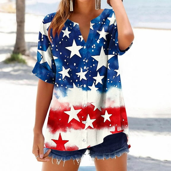 Elvqul Shirts for Women 3/4 Sleeve Independence Tops 4th of July Pullover American Flag Round Neck Elastic Patriotic Womens Blouses
