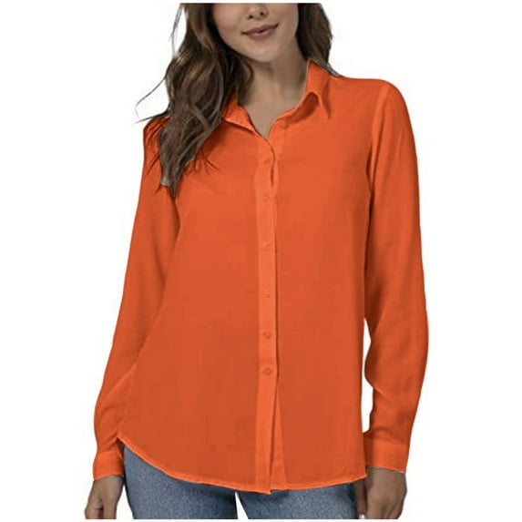 Elvqul Shirts for Women Button up Plus Size Long Sleeve Blouses for Women Fall Solid Orange Collared Shirt