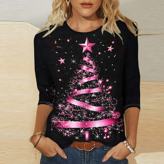 Elvqul Shirts for Women Christmas Tops Plus Size Dressy Printed 3/4 Sleeve Oversized Womens Shirts Crewneck