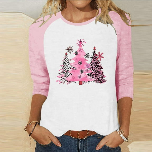 Elvqul Shirts for Women Crewneck Pullover Tops 3/4 Sleeve Trendy Christmas Tree Christmas Womens Shirts Comfy