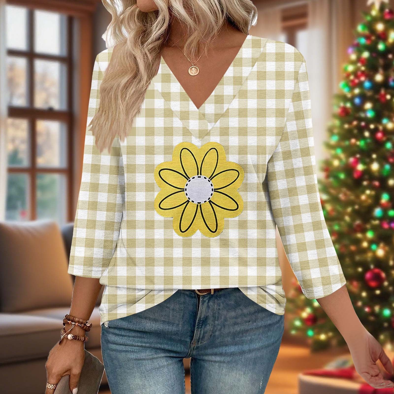 LETDIOSTO Womens Plus Size Shirts 3/4 Roll Sleeve V Neck Floral Flowy