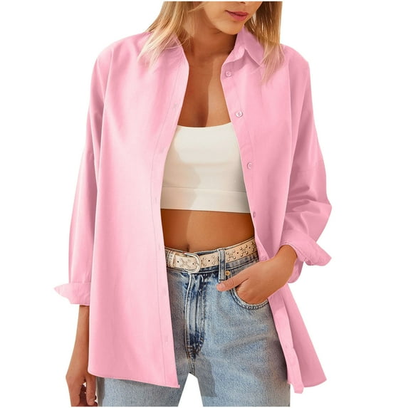 Elvqul Shirts for Women Long Sleeve Button up Cotton Blouses for Women Solid Collared Pink Fall Shirt