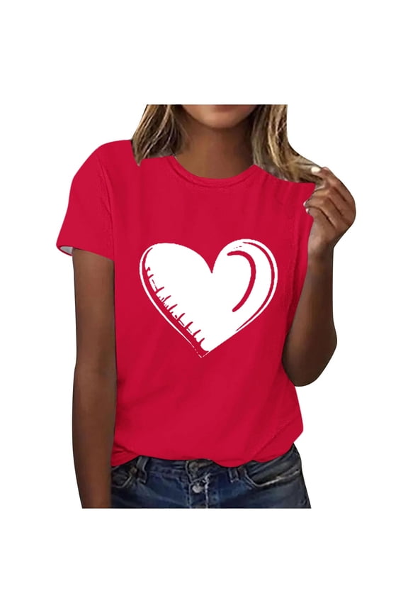 Shirts for Women Love Crew Neck Causal Tops Plus Size Short Sleeve Print Cute Valentines Tees Blouse Red