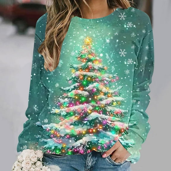 Elvqul Shirts for Women Party Tops Printed Christmas Crewneck Ladies Shirts