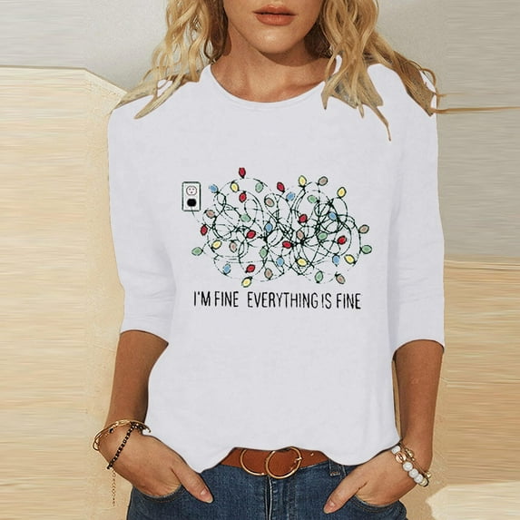Elvqul Shirts for Women Plus Size Christmas Tops 3/4 Sleeve Graphic White Santa Womens Shirts Cozy