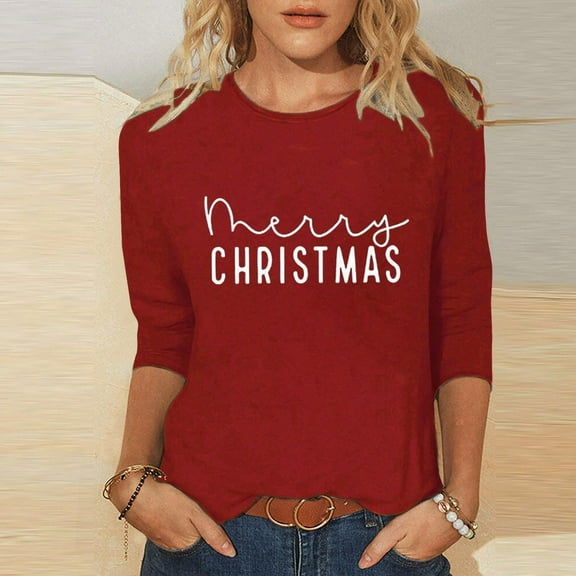 Elvqul Shirts for Women Plus Size Tops Christmas Cozy 3/4 Sleeve Graphic Red Pullover Womens Shirts Christmas Tree